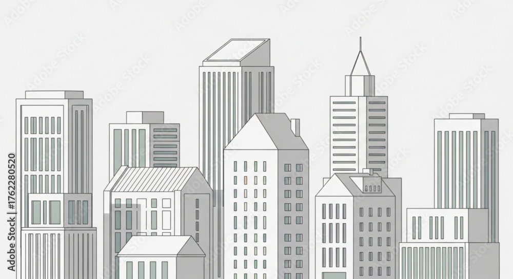 Fototapeta premium Minimalist cityscape illustration with modern buildings and clean line art style