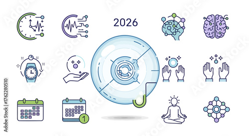 Modern flat vector icon pack for 2026, featuring abstract concepts of subjective time, future planning, emotional well-being, and technological progress, set against a clean white background