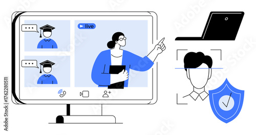 Teacher conducting live virtual class students attending online. Biometric security icon ensuring safe access. Ideal for e-learning, video conferencing, education technology, security, webinars