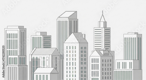 Minimalist cityscape illustration with modern buildings and clean line art style