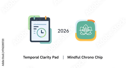 Flat vector icons for 2026 conceptualizing advanced temporal feedback systems and innovative mindful time-emotion connection devices on a pristine white background