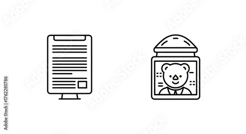 Two sleek line art vector icons one representing a document for clear temporal record-keeping and another a whimsical memory jar for mindful keepsake storage, on white background