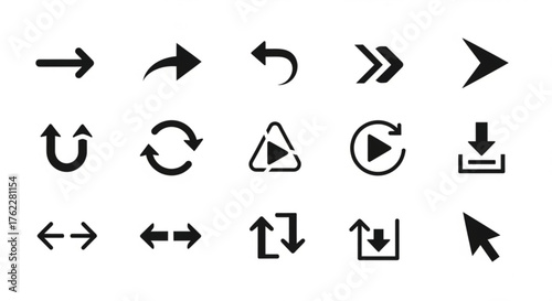 Collection of black arrow icons indicating direction and movement on white background