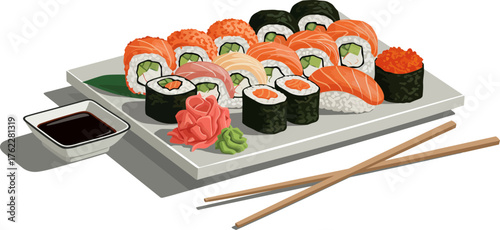 Assorted sushi platter featuring various rolls sashimi and condiments for a complete Japanese