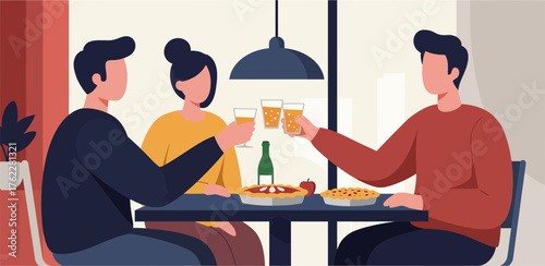 Casual friends enjoying a cozy dinner with drinks and pizza conversation