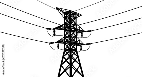 High-voltage electricity pylon icon, power grid, energy transmission vector silhouette illustration isolated on white background 