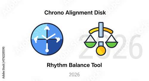 Flat vector icon pack 2026 with chronological time loop orb and mental time anchor for rhythm balance, isolated on a clean white background