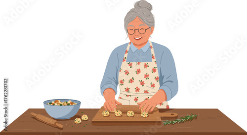 Joyful elderly woman baking cookie dough with fresh herbs and ingredients in a cozy kitchen scene