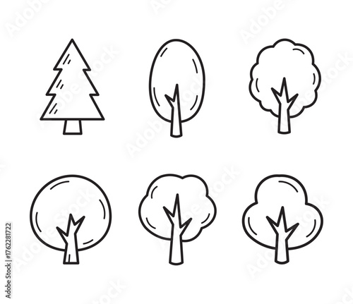 Illustration of various tree shapes isolated on white background for design
