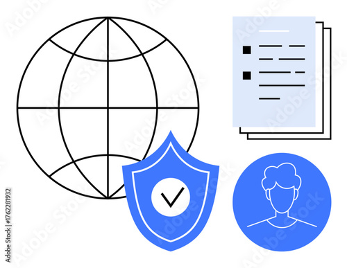 Globe represents worldwide scope, shield ensures security with verification, documents imply data, and user icon confirms personalization. Ideal for cybersecurity, privacy, ID verification