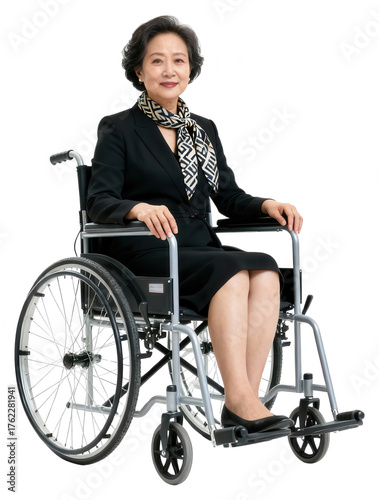Elegant Asian Woman in Wheelchair, Isolated on White