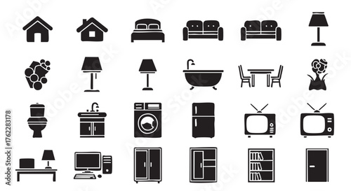 Black and white home related vector icons collection interior design