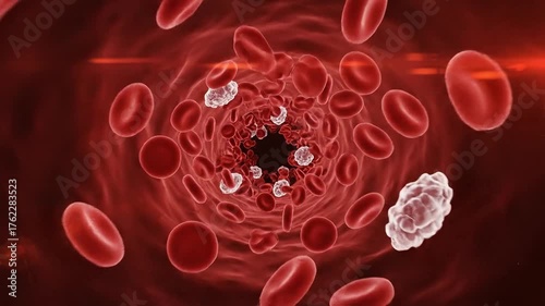 Bloodstream flow of Red blood cells and White blood cells traveling through a blood vessel, microscopic anatomy visualization.