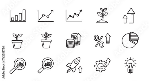 Business growth and development icons representing success and investment strategy