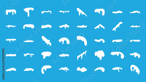 Flat Hand-Drawn Snow Caps Set on Blue Background. Winter decorative elements for design, icons, and illustrations.
