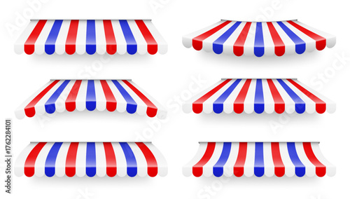 Shop sunshade. Realistic striped cafe awning. Outdoor market tent. Roof canopy in French flag colors. Summer street store. Vector illustration.