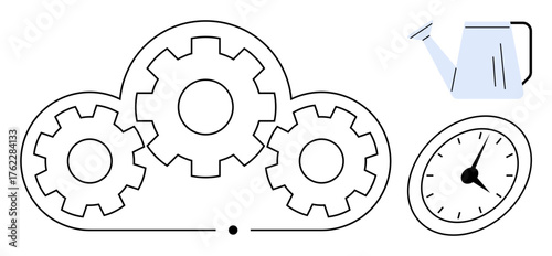 Cloud with three gears inside, a clock symbolizing time management, and a watering can for growth. Ideal for teamwork, productivity, cloud computing, innovation, time management, growth simple flat