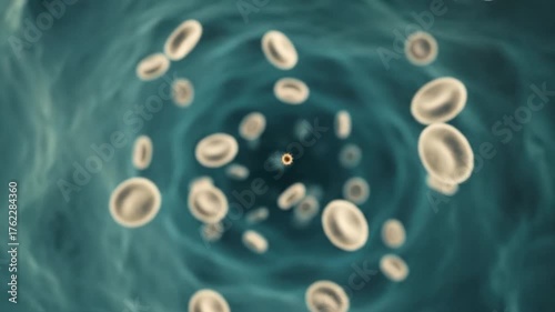 Red blood cells flowing through the bloodstream with a virus particle entering the micro-tunnel visualization.