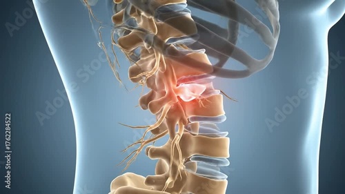 Spinal Cord and Spine Injury Causing Back Pain. Detailed Medical Anatomy Visualization of Lumbar Vertebra Inflammation and Pinched Nerve.