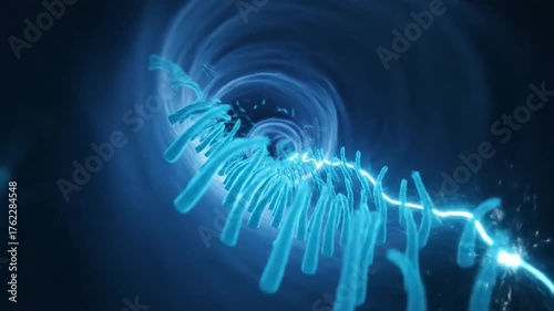 Microbiology cellular abstract visualization of DNA structure and electric energy moving through a deep, futuristic vortex tunnel.