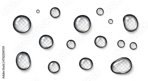 Water droplets with transparent backgrounds scattered on a clean white surface