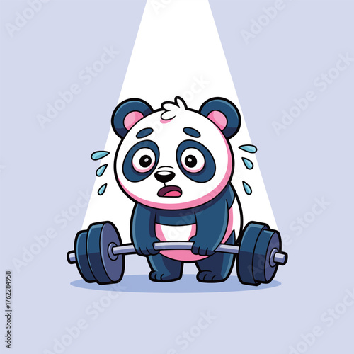 Struggling cartoon panda lifting heavy barbell sweats profusely showing effort and determination for fitness goals