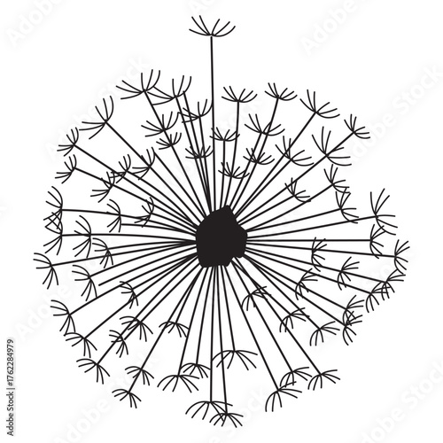 A delicate black and white sketch of a dandelion seed head design