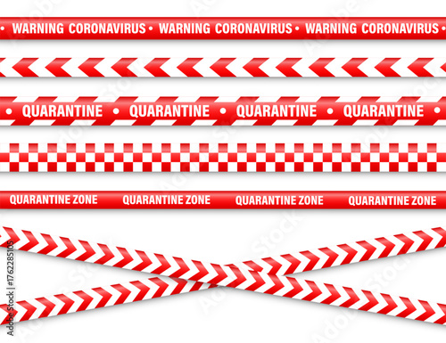 Quarantine zone warning tape. Novel coronavirus outbreak. Global lockdown. Red coronavirus danger stripe. Police caution line, restricted area. Construction tape. Vector illustration