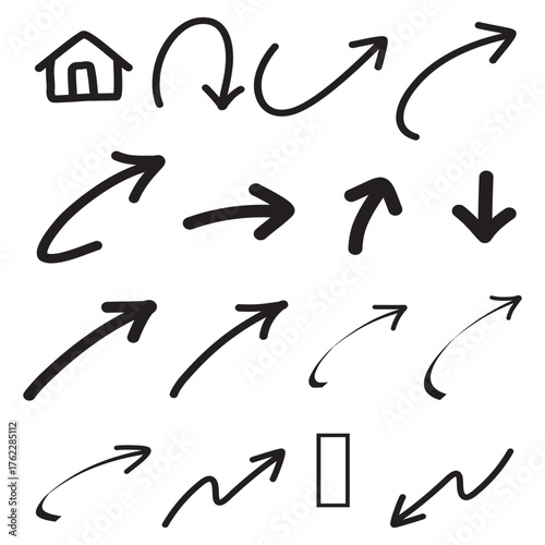 Collection of hand drawn arrows and a simple house icon illustration