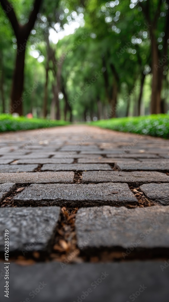 Fototapeta premium A stone pathway winds through a lush, green park with trees casting soft shadows under bright sunlight, inviting visitors to stroll