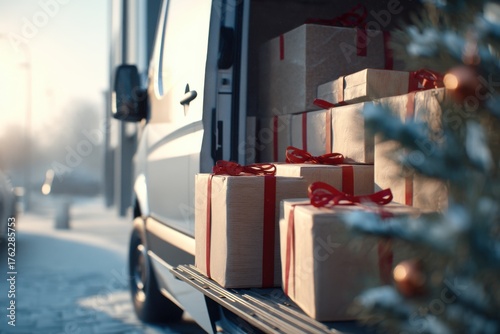 Christmas courier loading festive packages into van, professional delivery scene with empty space for text