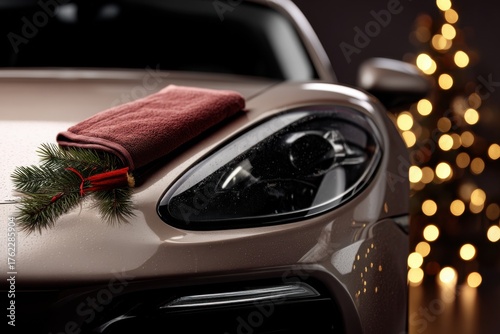 Cinematic car hood with headlight, festive detailing scene with pine and gold ornament, holiday car wash promotion
