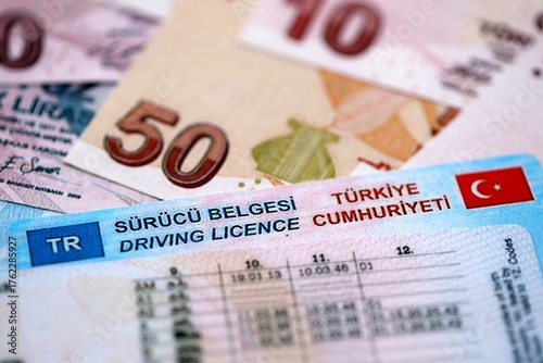 Turkiye driving permit concept. Driver license and turkish liras money bills close up