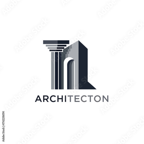 Modern architectural company logo design featuring a column and archway, ideal for branding, construction, and real estate businesses with timeless elegance