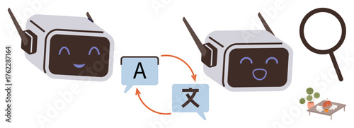 Two friendly chatbots exchanging multilingual speech bubbles illustrating real-time language translation. Ideal for communication, AI, translation tools, learning, collaboration, search, global
