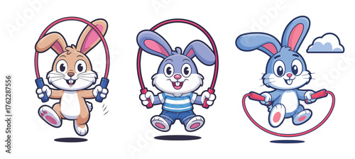 Three adorable cartoon bunnies joyfully jump rope, embodying active fun and healthy living for children's projects and playful designs.