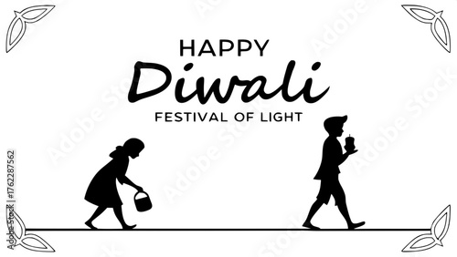 Symmetry and Reflection

Symmetrical black and white Diwali composition. “HAPPY DIWALI” centered above “Festival of Light” in cursive. Below, seven solid black diyas reflected faintly beneath as light