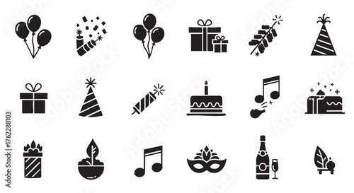 Celebration icons for birthday party and happy events silhouette style