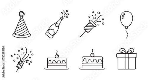 Celebration icons set with party hat champagne confetti and cake illustration