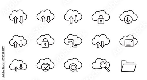 Cloud computing concept with different actions in outline vector style