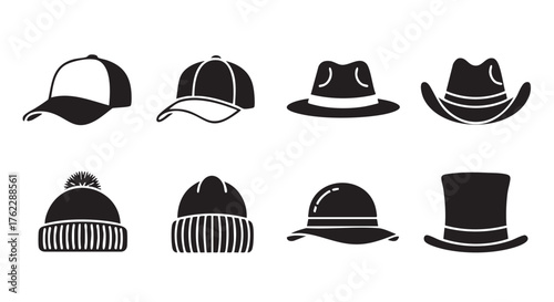 Collection of different hat styles in a minimal black and white design