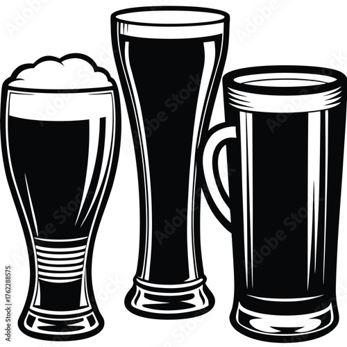 Three Beer Glasses Black and White Vector Icon Set.