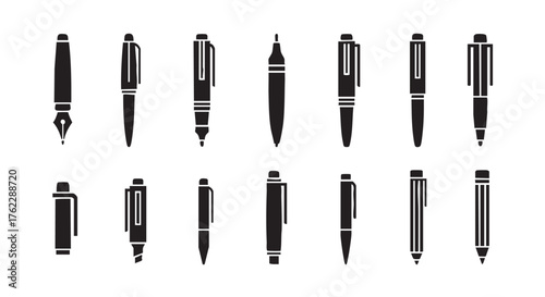 Collection of different types of black pens on a white background