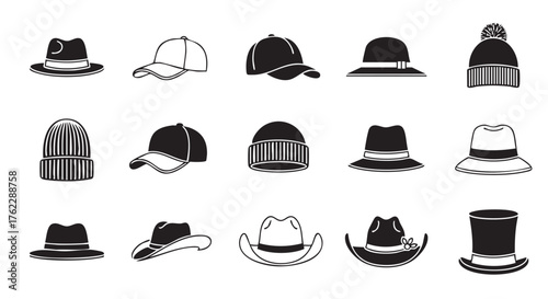 Collection of different types of hats in a vector graphic
