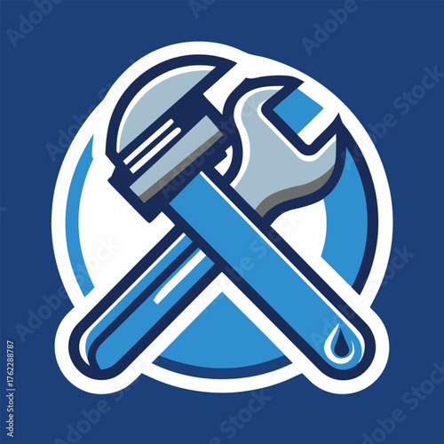 Crossed plumbing tools illustration showcasing a wrench and pliers in a circular emblem on a blue background