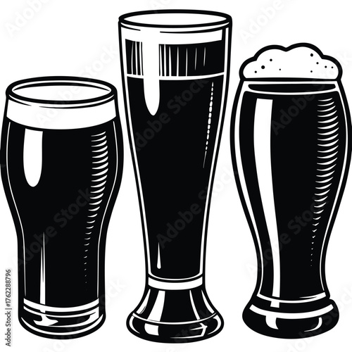 Three Beer Glasses Black and White Vector Icon Set.