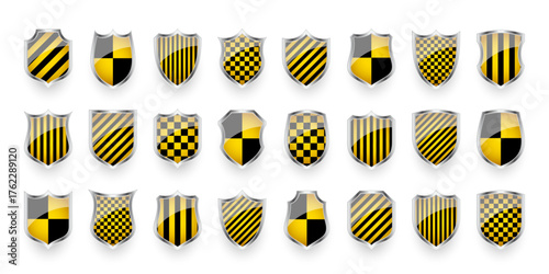 Glossy shields with yellow and black pattern. Security and protection concept. Cyber safety icons, internet privacy, web defense, digital data protection and antivirus themes. Vector illustration