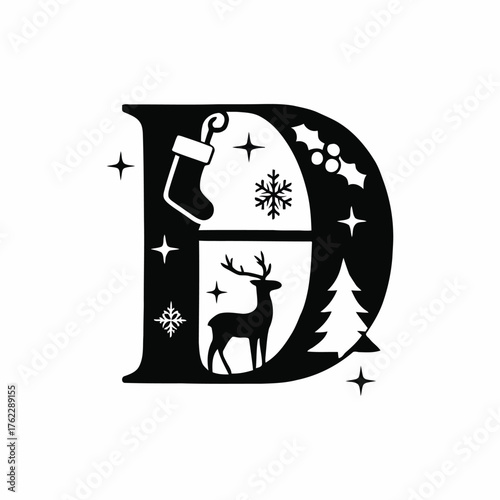 Decorative Christmas Initial D with Festive Winter Elements for Holiday Season Design Projects and Celebrations