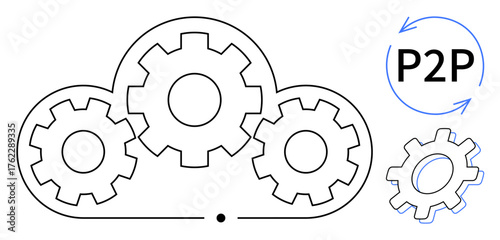 Cloud containing gears symbolizing collaboration, with P2P symbol suggesting peer-to-peer networking. Ideal for teamwork, technology, data sharing, cloud computing, innovation, system integration