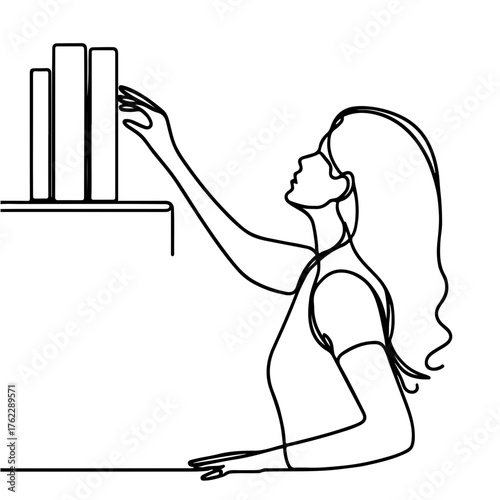 Girl reaching for bookshelf one line minimalist illustration